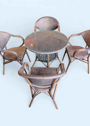 4-Seater Round Wicker Dining Set – Glass Top Table with Rattan Chairs | Outdoor Patio & Balcony Furniture