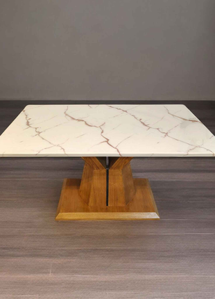 Rectangular White Marble Dining Table with Geometric Wooden Base – Modern Classic Elegance