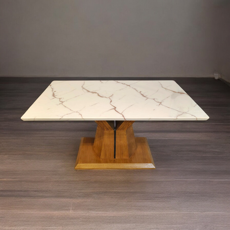 Rectangular White Marble Dining Table with Geometric Wooden Base – Modern Classic Elegance