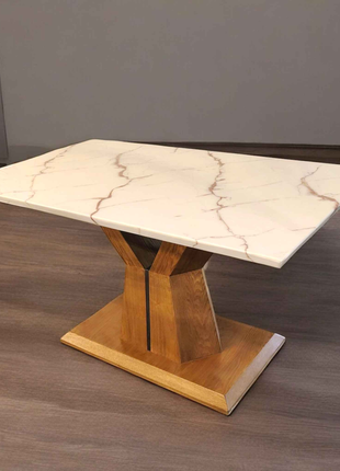 Rectangular White Marble Dining Table with Geometric Wooden Base – Modern Classic Elegance