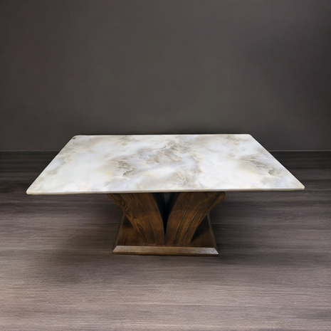 Artisan Rectangular Marble Dining Table with Curved Wooden Pedestal – Handcrafted Elegance