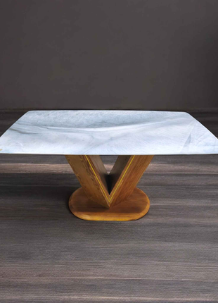 V-Base Rectangular Marble Dining Table with Elegant Wooden Pedestal – Contemporary Luxury Design