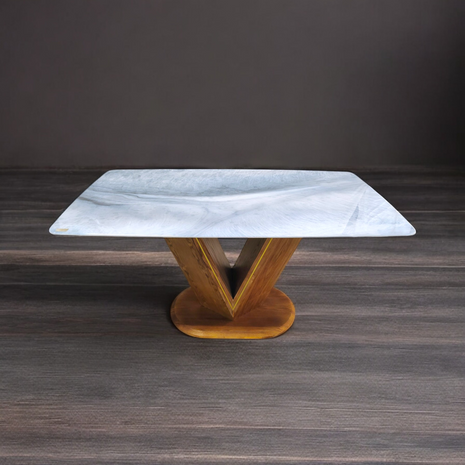 V-Base Rectangular Marble Dining Table with Elegant Wooden Pedestal – Contemporary Luxury Design