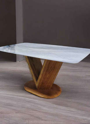 V-Base Rectangular Marble Dining Table with Elegant Wooden Pedestal – Contemporary Luxury Design