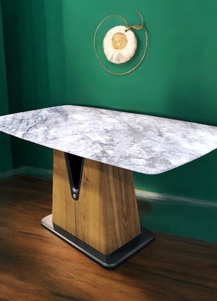 Contemporary Rectangular Marble Dining Table with Wooden and Metal Base – Premium Designer Piece