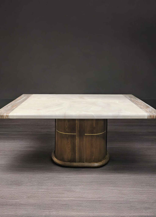 Classic Rectangular Marble Dining Table with Solid Wooden Pedestal – Timeless Luxury Design