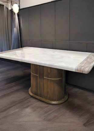 Classic Rectangular Marble Dining Table with Solid Wooden Pedestal – Timeless Luxury Design
