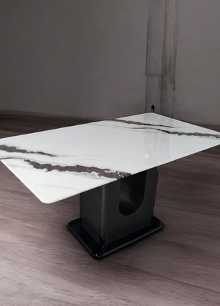 Modern White Marble Dining Table with Black Abstract Base – Luxury Contemporary Design