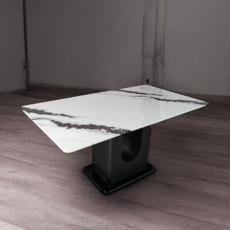 Modern White Marble Dining Table with Black Abstract Base – Luxury Contemporary Design