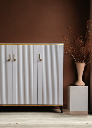 Luxury White Textured Door Cabinet with Gold Accents – Shoe Rack