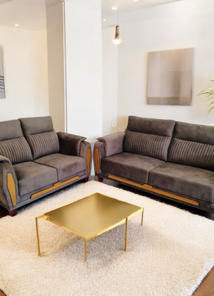 Modern Dark Suede Fabric Sofa Set – 2+3 Seater with Wooden Accents - Orient Furniture Palace