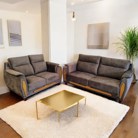 Modern Dark Suede Fabric Sofa Set – 2+3 Seater with Wooden Accents - Orient Furniture Palace