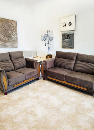 Modern Dark Suede Fabric Sofa Set – 2+3 Seater with Wooden Accents - Orient Furniture Palace