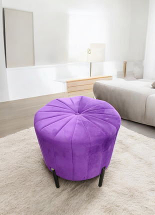 Purple Velvet Round Ottoman Stool – Tufted Accent Pouffe with Metal Legs