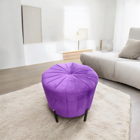 Purple Velvet Round Ottoman Stool – Tufted Accent Pouffe with Metal Legs