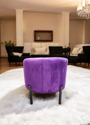 Purple Velvet Round Ottoman Stool – Tufted Accent Pouffe with Metal Legs
