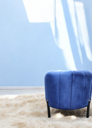 Royal Blue Velvet Round Ottoman Stool – Tufted Pouffe with Black Metal Legs