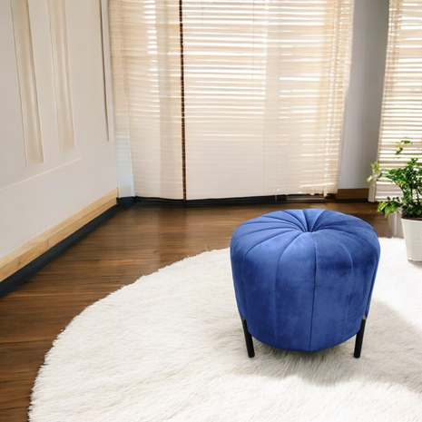 Royal Blue Velvet Round Ottoman Stool – Tufted Pouffe with Black Metal Legs