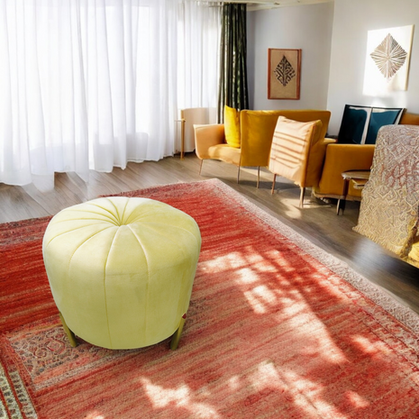 Yellow Velvet Round Ottoman Stool – Tufted Accent Pouffe with Golden Legs
