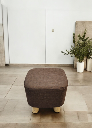 Minimalist Brown Fabric Ottoman Stool – Square Pouffe with Wooden Legs