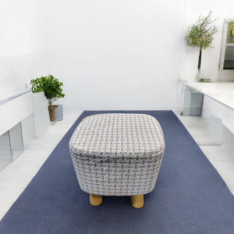 Contemporary Woven Fabric Ottoman Stool with Wooden Legs – Square Padded Pouffe