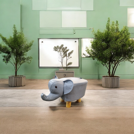 Light Blue Elephant Kids Ottoman Stool – Soft Animal-Shaped Pouffe with Wooden Legs
