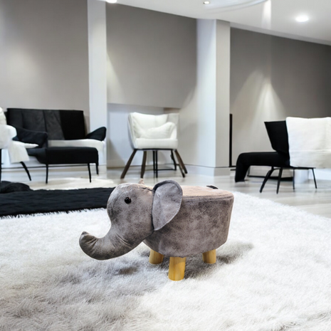 Grey Elephant Ottoman Stool for Kids – Faux Leather Animal Pouffe with Wooden Legs