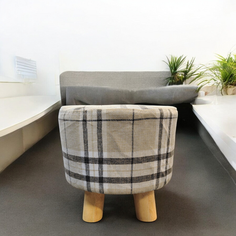 Plaid Pattern Ottoman Stool with Wooden Legs – Compact Checkered Pouffe for Home Decor