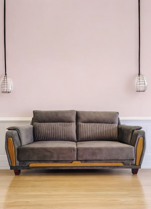Modern Dark Suede Fabric Sofa Set – 2+3 Seater with Wooden Accents - Orient Furniture Palace