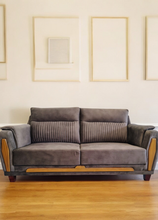 Modern Dark Suede Fabric Sofa Set – 2+3 Seater with Wooden Accents - Orient Furniture Palace