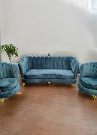 Luxury Teal Velvet Sofa Set – 3+1+1 Seater with Gold Legs for Modern Living Room - Orient Furniture Palace