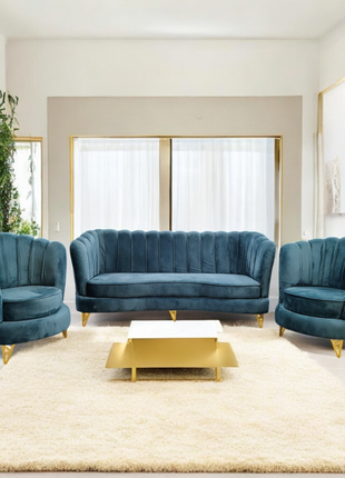 Luxury Teal Velvet Sofa Set – 3+1+1 Seater with Gold Legs for Modern Living Room - Orient Furniture Palace