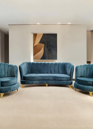 Luxury Teal Velvet Sofa Set – 3+1+1 Seater with Gold Legs for Modern Living Room - Orient Furniture Palace