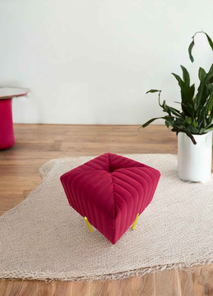 Square Red Velvet Ottoman with Gold Legs – Modern Tufted Accent Stool
