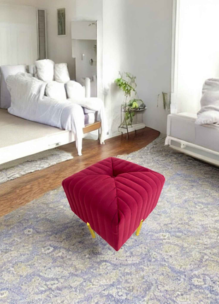 Square Red Velvet Ottoman with Gold Legs – Modern Tufted Accent Stool