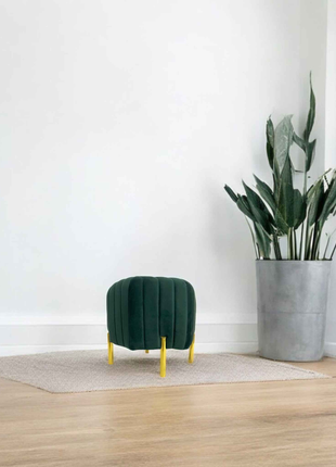 Emerald Green Velvet Round Ottoman Pouffe | Glam Accent Stool with Gold Legs