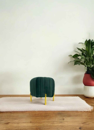 Emerald Green Velvet Round Ottoman Pouffe | Glam Accent Stool with Gold Legs