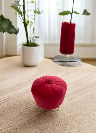 Red Velvet Ottoman with Gold Legs – Luxury Round Accent Stool for Modern Interiors
