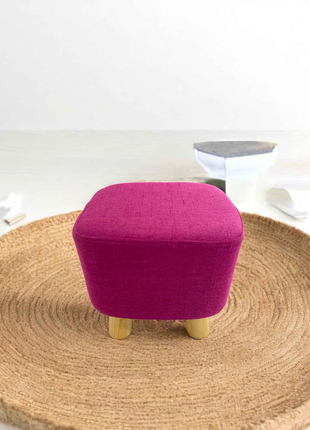 Magenta Fabric Ottoman – Modern Square Footstool with Wooden Legs