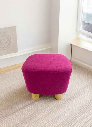 Magenta Fabric Ottoman – Modern Square Footstool with Wooden Legs