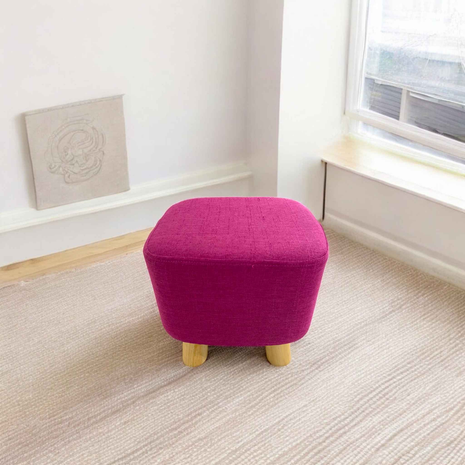Magenta Fabric Ottoman – Modern Square Footstool with Wooden Legs