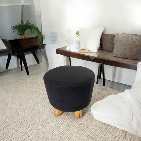 Black Fabric Ottoman – Modern Round Footstool with Natural Wooden Legs