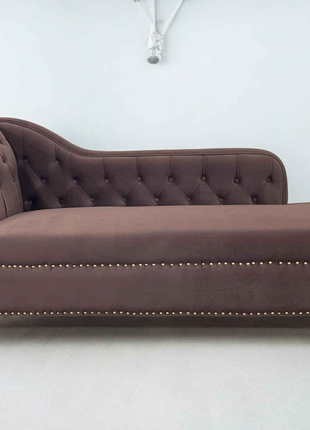 Tufted Velvet Chaise Lounge – Chocolate Brown with Gold Legs | Elegant Nailhead Trim Sofa Couch