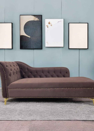 Tufted Velvet Chaise Lounge – Chocolate Brown with Gold Legs | Elegant Nailhead Trim Sofa Couch