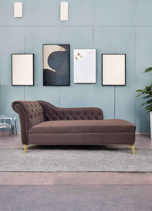 Tufted Velvet Chaise Lounge – Chocolate Brown with Gold Legs | Elegant Nailhead Trim Sofa Couch
