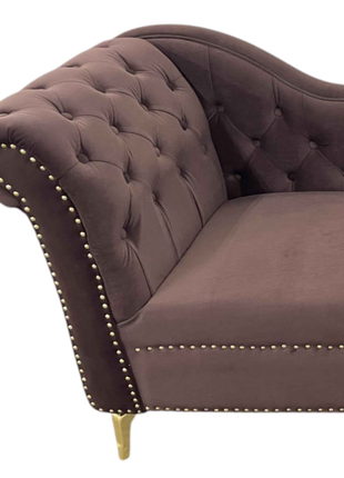 Tufted Velvet Chaise Lounge – Chocolate Brown with Gold Legs | Elegant Nailhead Trim Sofa Couch