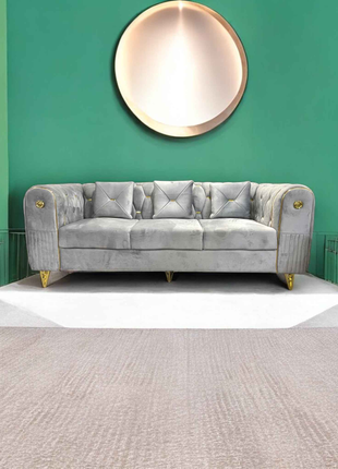 Elegant Grey Velvet 3-Seater Sofa with Gold Detailing – Modern Chesterfield-Style Couch