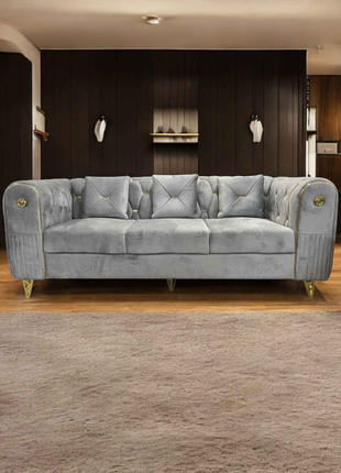 Elegant Grey Velvet 3-Seater Sofa with Gold Detailing – Modern Chesterfield-Style Couch