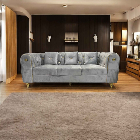 Elegant Grey Velvet 3-Seater Sofa with Gold Detailing – Modern Chesterfield-Style Couch