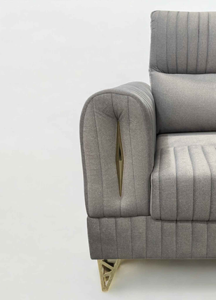 Modern Grey L-Shape Sofa with Vertical Tufting & Gold Legs – Spacious Corner Sectional